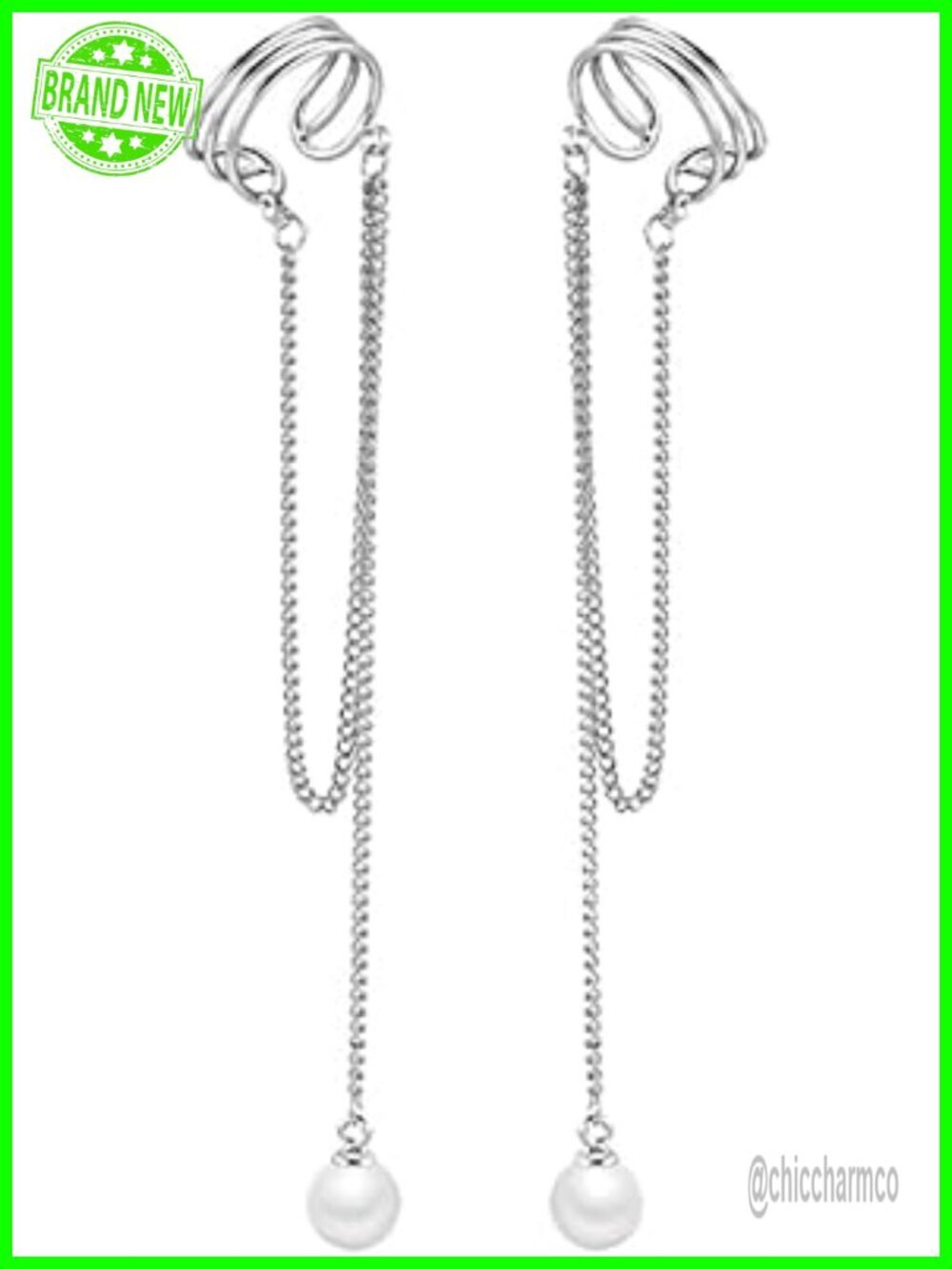 925 Sterling Silver No Piercing Cuff Earrings Pearl Tassel Clip On Ear Wraps